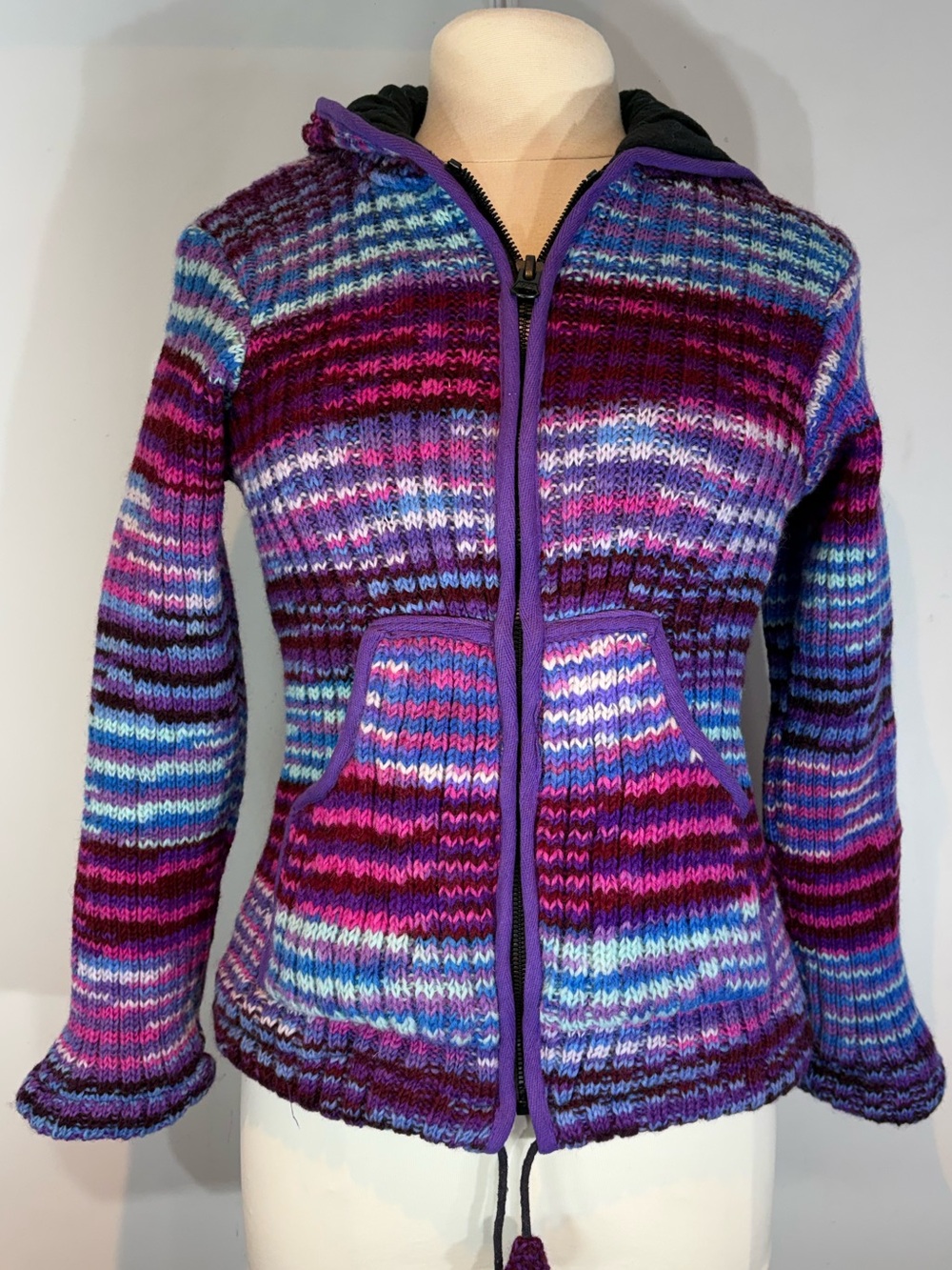Samkhang 100% Wool Fleece Lined Hooded Zip Jacket Nepal Multicolor Sz S